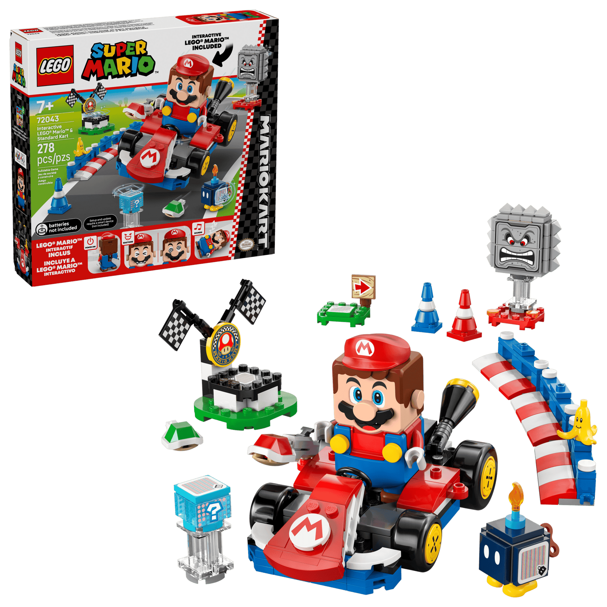 The Legos - Toyhouse LEGO® Super Mario™ Mario Kart™ set includes an interactive LEGO® Mario™ figure, standard kart, racetrack elements, accessories, and set box. Set 71403; suitable for ages 7+.