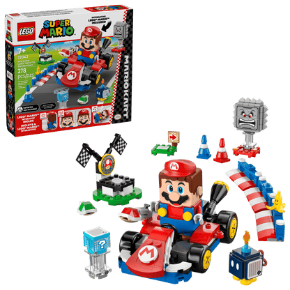 The Legos - Toyhouse LEGO® Super Mario™ Mario Kart™ set includes an interactive LEGO® Mario™ figure, standard kart, racetrack elements, accessories, and set box. Set 71403; suitable for ages 7+.