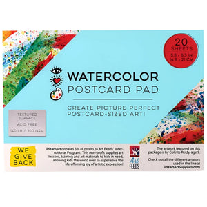 The Bright Stripes Watercolor Postcard Pad includes 20 sheets of thick, 140 lb acid-free paper (5.8 x 8.3 in), ideal for watercolors or acrylics. The pad features colorful paint splash packaging.