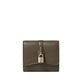 The Ryder Trifold Wallet by Stella McCartney is a compact olive green leather wallet with a silver-tone padlock on the front flap, handcrafted in Italy and shown on a white background.