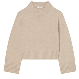 CO's Cropped Oversized Cashmere Sweater in beige features long sleeves, ribbed hem, cuffs, and collar, with an oversized silhouette shown on a white background.