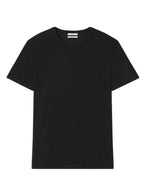 A CO Cashmere Tee by CO, a short-sleeved black t-shirt crafted from 100% cashmere, showcased on a white background.