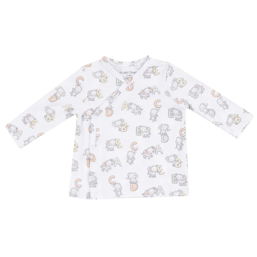 The Angel Dear Baby Vintage Elephant ABC Take Me Home Set features a long-sleeve white shirt with side snaps and pastel animal and alphabet prints, plus roll-over cuff pants. Perfect for pairing with a swaddle or beanie hat.