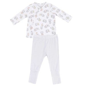 The Angel Dear Baby Vintage Elephant ABC Take Me Home Set includes a long-sleeve top with animal and letter prints, roll over cuff pants, and a cozy beanie for comfort.