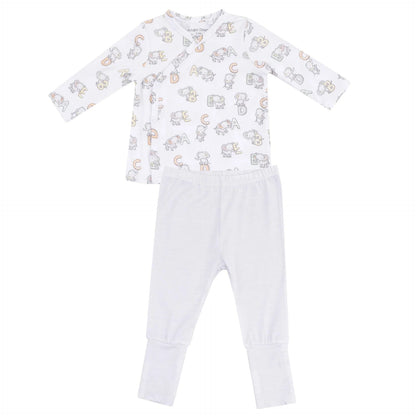 The Angel Dear Baby Vintage Elephant ABC Take Me Home Set includes a long-sleeve top with animal and letter prints, roll over cuff pants, and a cozy beanie for comfort.