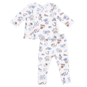 Angel Dear Baby Take Me Home Set with Convertible Pant in white, featuring a long-sleeve top and pants adorned with blue and brown animal and sports-themed prints. Made from ultra-soft bamboo fabric, this outfit offers comfort and style for your little one’s first trip home.