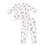 Angel Dear’s Baby Boys’ Take Me Home Set with Convertible Pant features a charming cowboy and horse print on a white background. This two-piece pajama set includes long sleeves and roll-over cuff pants, crafted from ultra-soft bamboo baby clothes material to ensure your child’s comfort throughout the night.