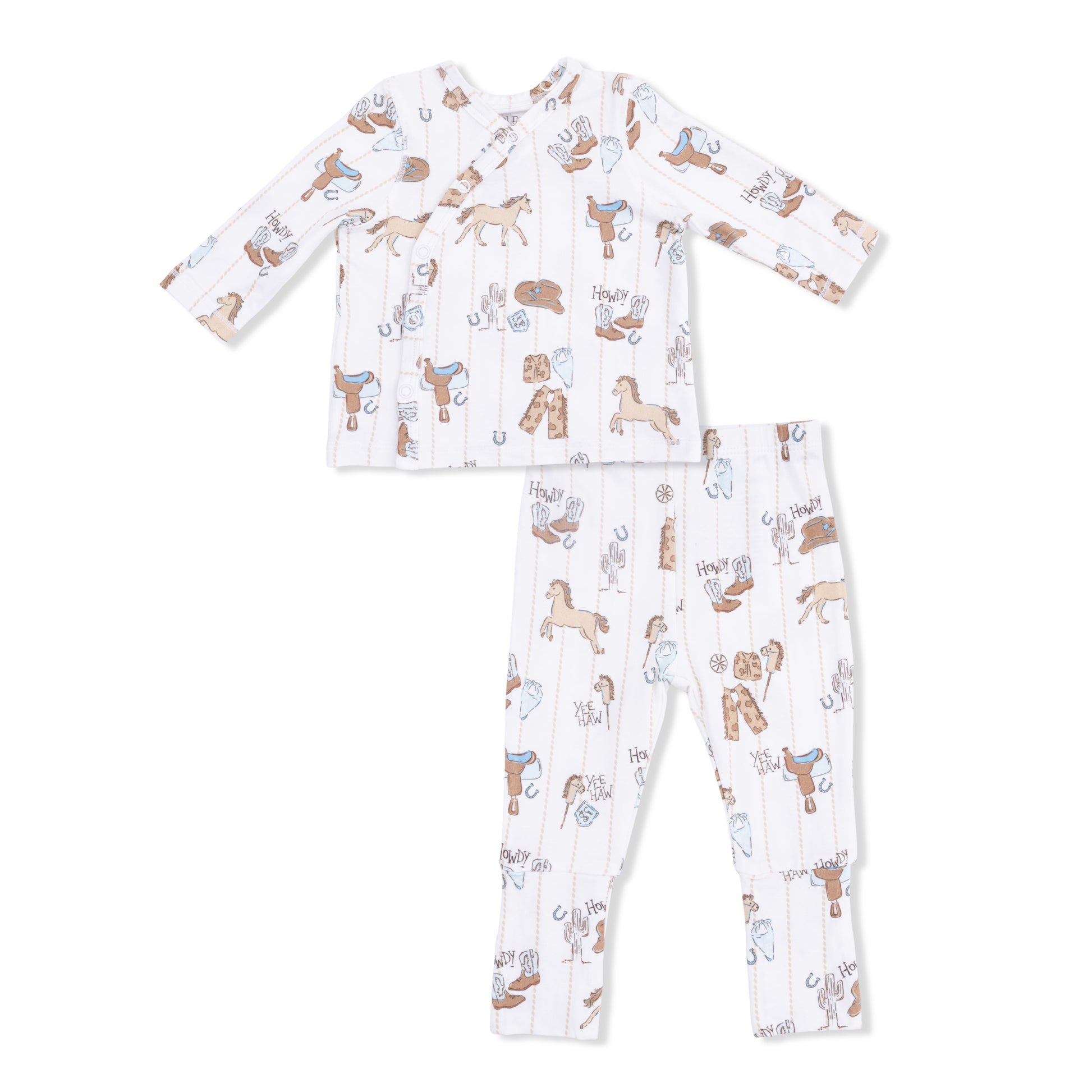 Angel Dear’s Baby Boys’ Take Me Home Set with Convertible Pant features a charming cowboy and horse print on a white background. This two-piece pajama set includes long sleeves and roll-over cuff pants, crafted from ultra-soft bamboo baby clothes material to ensure your child’s comfort throughout the night.