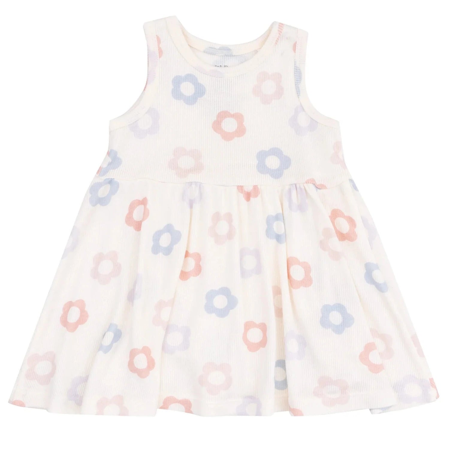 The Angel Dear Baby Girls' and Girls' Ribbed Modal Tank Dress & Bloomer is a sleeveless white dress with a flared skirt, accented by pastel pink and blue flowers. Available in toddler sizes.