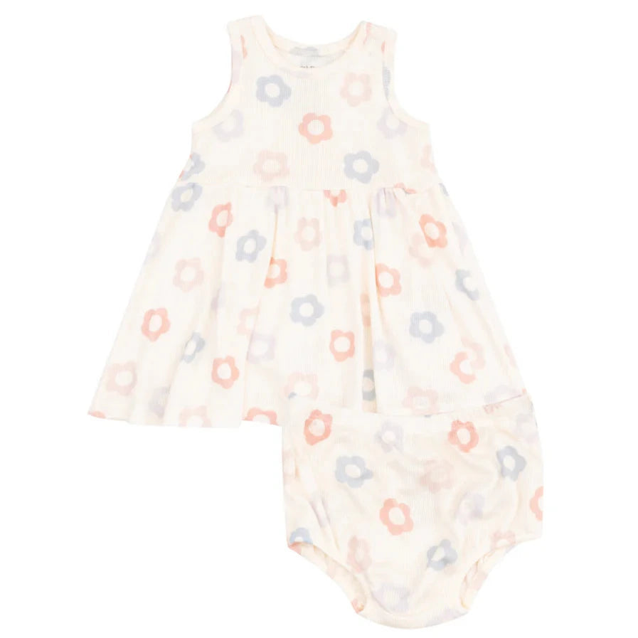 The Angel Dear Baby Girls' and Girls' Ribbed Modal Tank Dress & Bloomer set features a sleeveless cream tank dress with pink, blue, and orange flower print in toddler sizes, plus a matching bloomer.