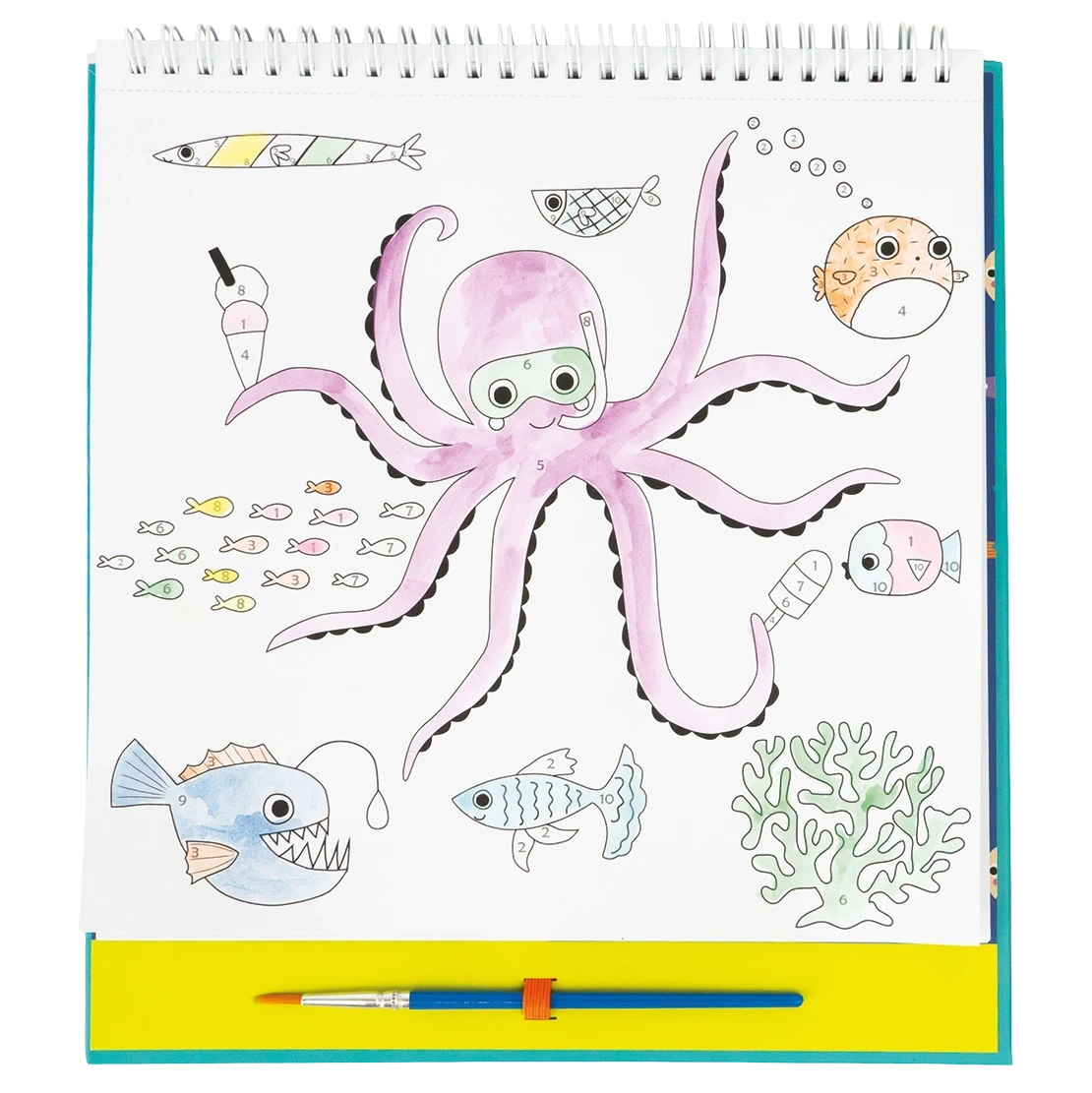 A drawing pad displays a vibrant underwater scene featuring a purple octopus with goggles, colorful fish, coral, and a paintbrush beneath the illustration—an ideal source of inspiration for the Floss and Rock Paint By Numbers - Ocean kit or any creative kids art project.