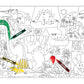 A Crocodile Creek Coloring Poster shows various dinosaurs, partly colored with red, green, yellow, and black crayons from a 3-in-1 Art Set.