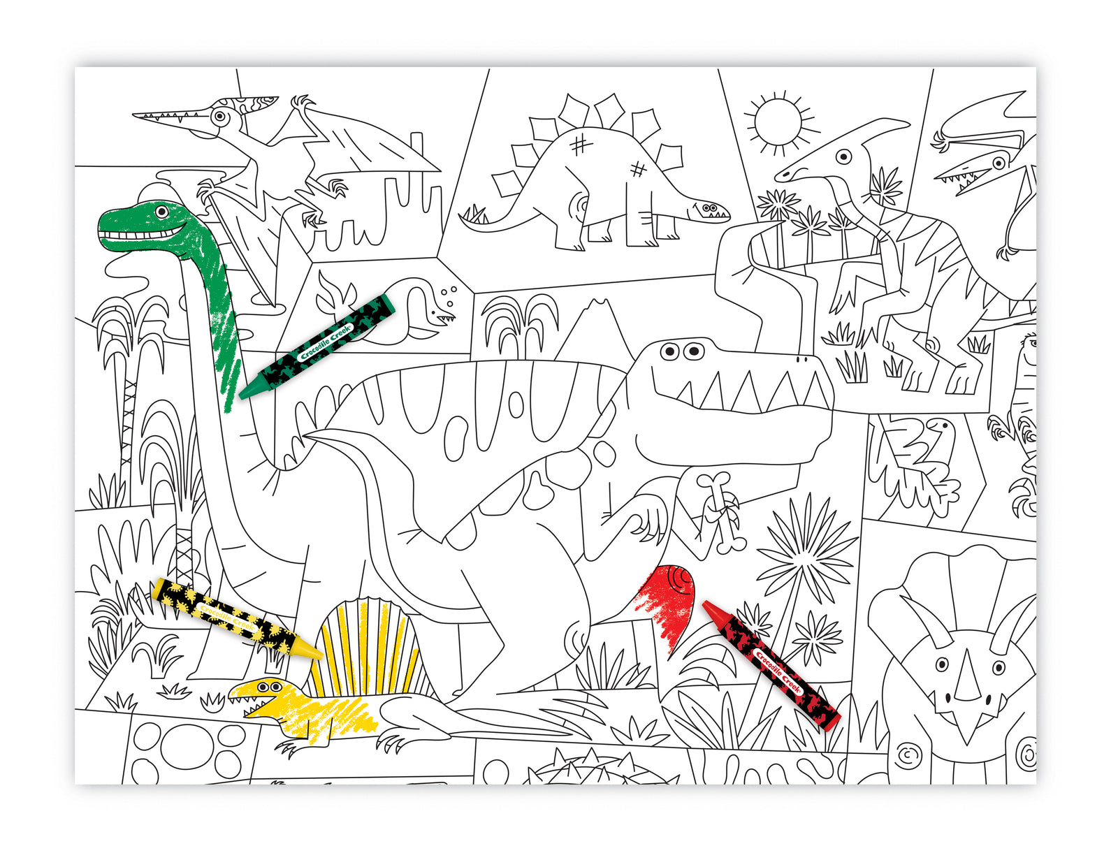 Crocodile Creek Coloring Poster featuring various dinosaurs. Some sections are colored with markers from Crocodile Creek, showing a partially colored scene with an eco-friendly green brachiosaurus, red tyrannosaurus, and yellow stegosaurus.