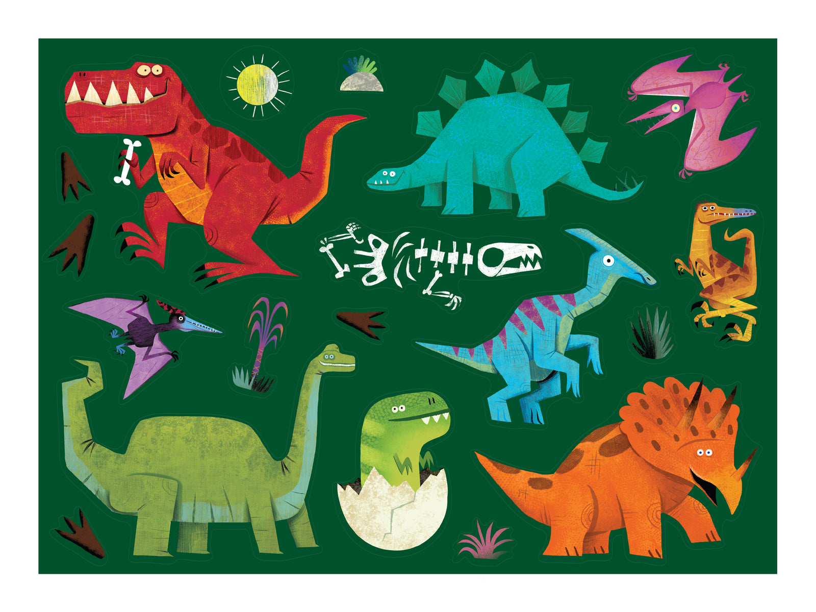 Colorful illustrations of various cartoon dinosaurs on a green background, including T-Rex, Stegosaurus, Pterodactyl, and Triceratops, with fossil drawings and plant elements. This kid-safe, eco-friendly Crocodile Creek Coloring Poster by Crocodile Creek ensures fun and creativity while being gentle on the environment.