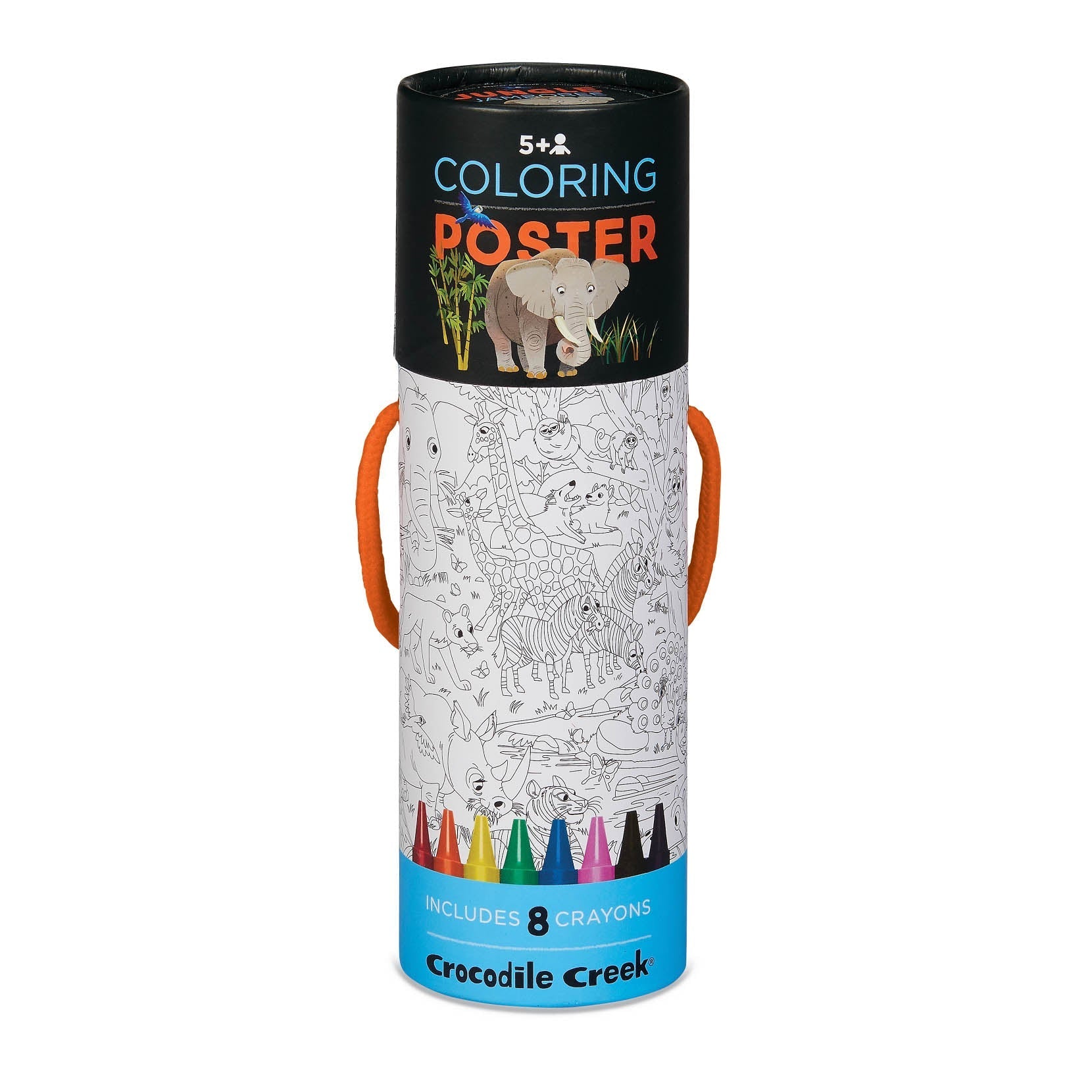 A cylindrical package of Crocodile Creek Coloring Poster for ages 5+, featuring an animal-themed design. This eco-friendly set includes 8 kid-safe crayons to ensure fun and safety.