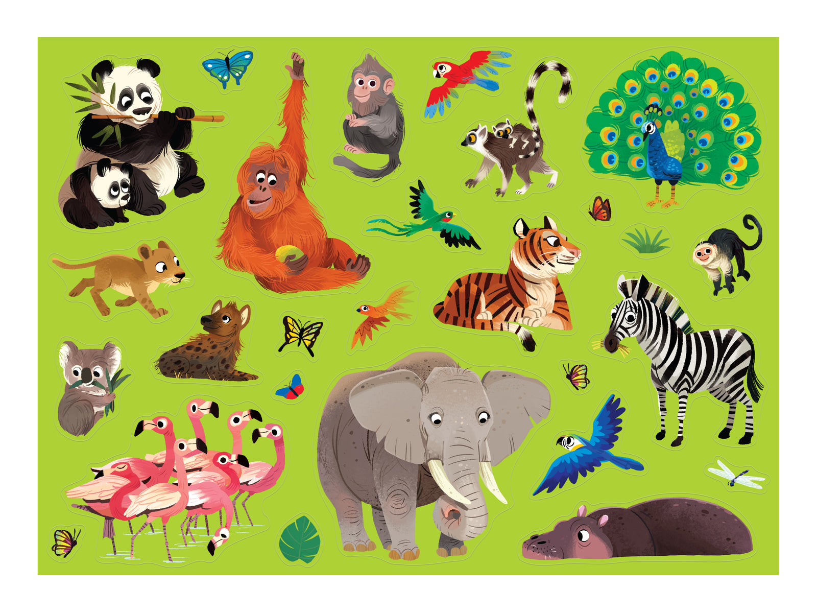 Illustration of various animals on a green background, including an elephant, tiger, zebra, panda, flamingos, peacock, and several birds, insects, and other animals. This kid-safe illustration is part of the Crocodile Creek Coloring Poster by Crocodile Creek designed to be eco-friendly and fun for all ages.