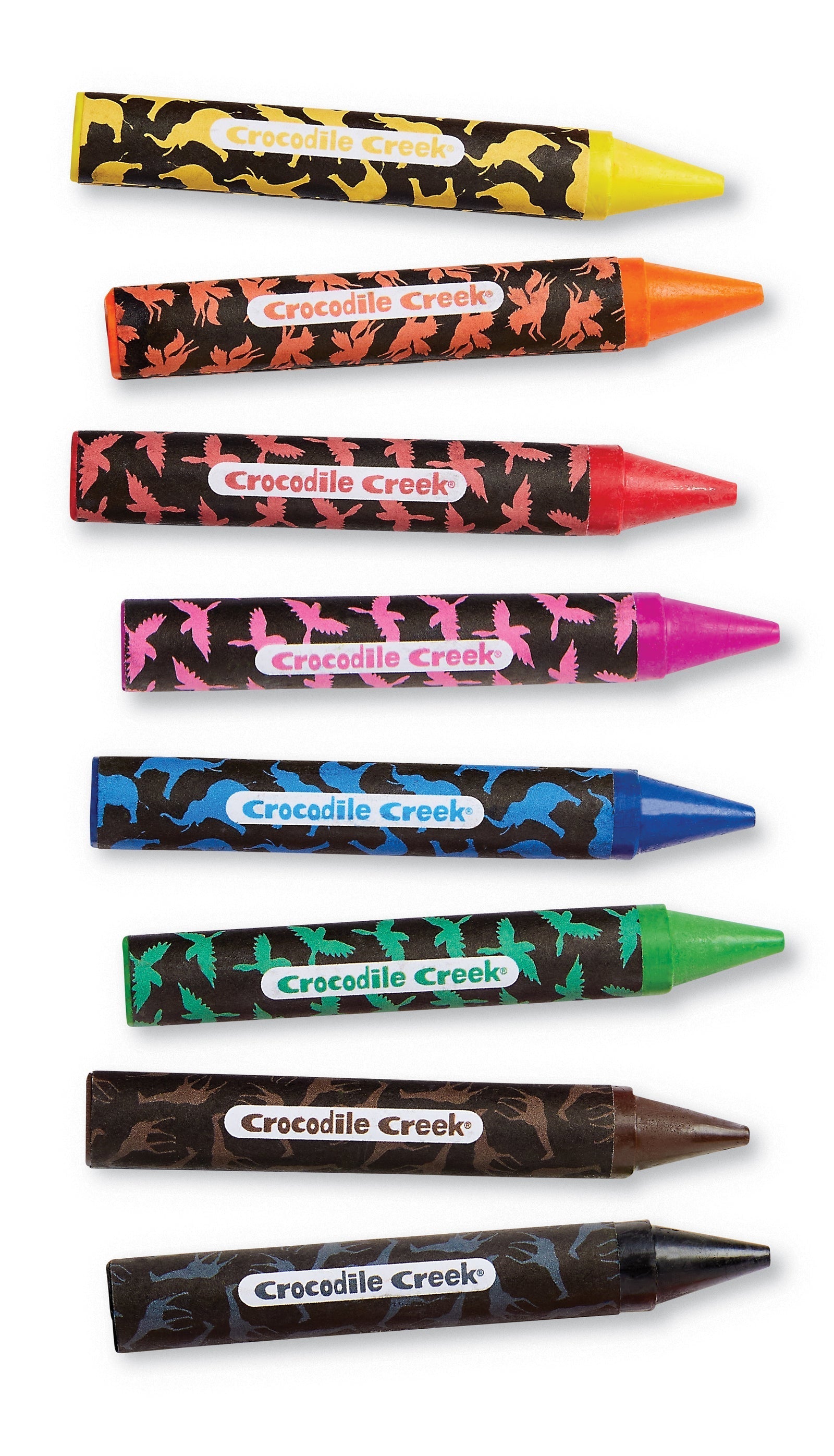 Eight crayons of various colors, each labeled "Crocodile Creek," arranged vertically with animal silhouettes on their wrappers, perfect for a kid-safe, eco-friendly Crocodile Creek Coloring Poster.