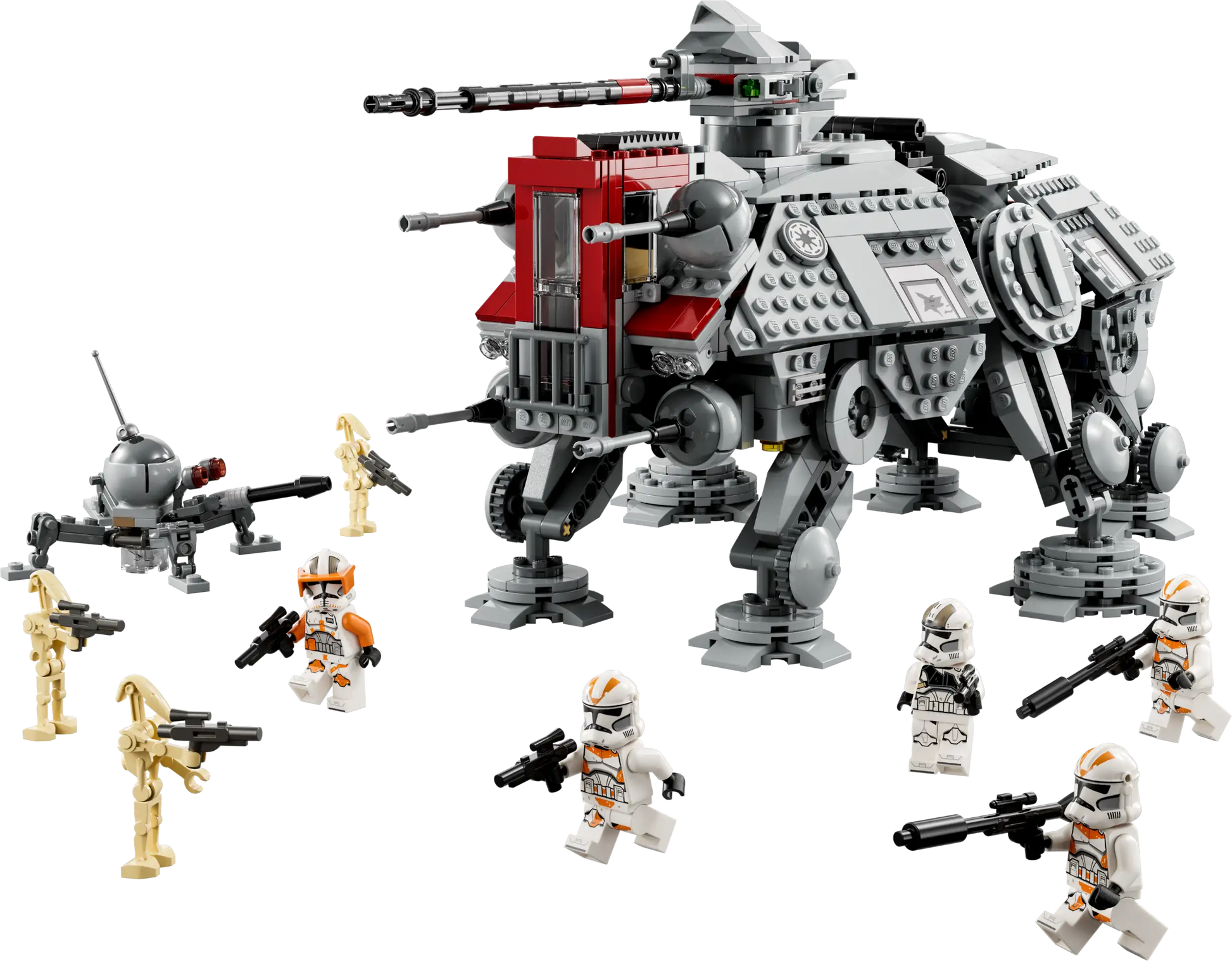 The LEGO® Star Wars AT-TE Walker set by LEGO® includes an armored AT-TE Walker, clone trooper minifigures, battle droids, and a small droid, all showcased on a black background.