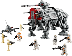 The LEGO® Star Wars AT-TE Walker set by LEGO® includes an armored AT-TE Walker, clone trooper minifigures, battle droids, and a small droid, all showcased on a black background.