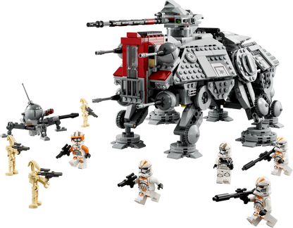 The LEGO® Star Wars AT-TE Walker set by LEGO® includes an armored AT-TE Walker, clone trooper minifigures, battle droids, and a small droid, all showcased on a black background.