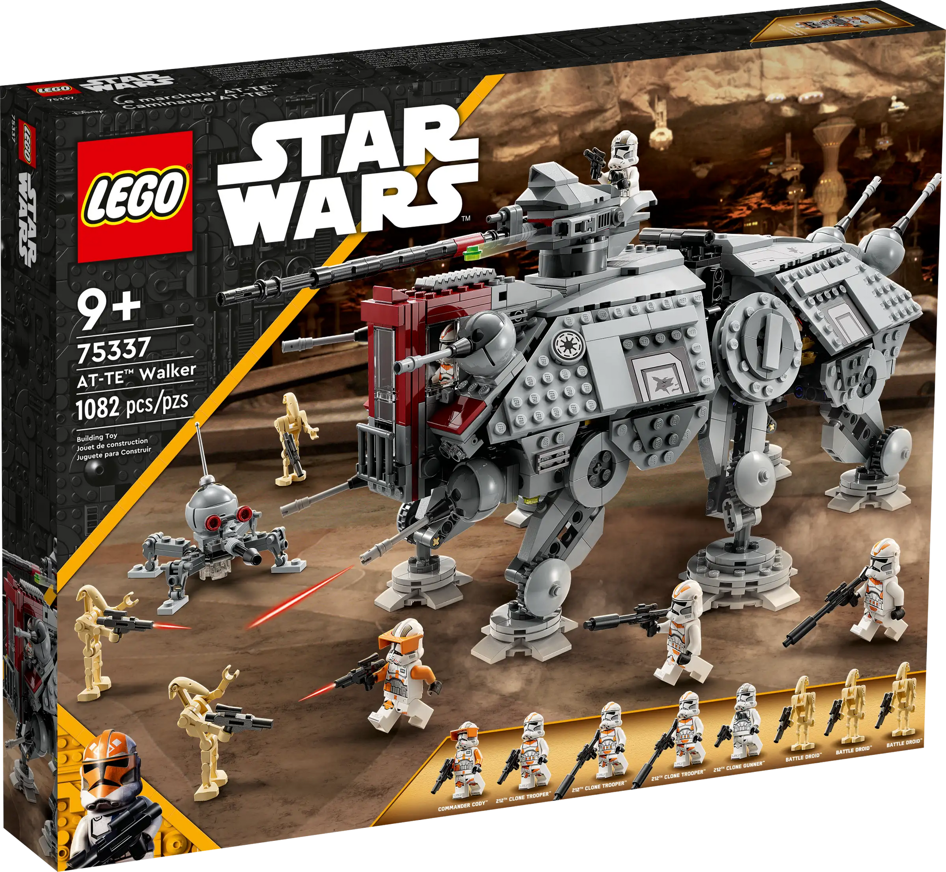 The LEGO® Star Wars AT-TE Walker set by LEGO® includes 1082 pieces, minifigures, and a battle scene on the box; designed for ages 9 and up.