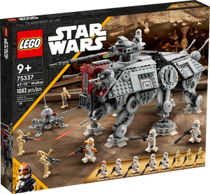 The LEGO® Star Wars AT-TE Walker set by LEGO® includes 1082 pieces, minifigures, and a battle scene on the box; designed for ages 9 and up.