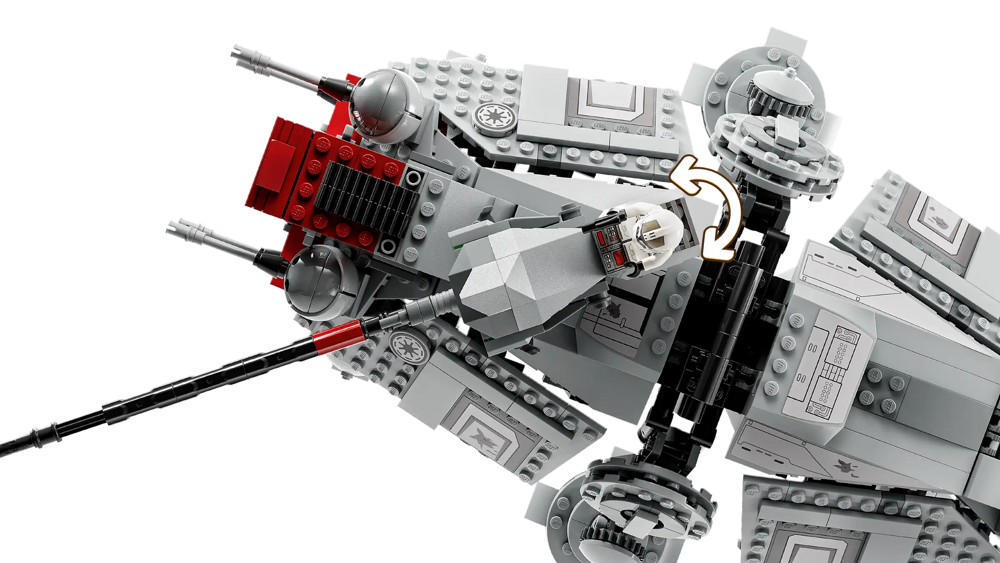The LEGO® Star Wars AT-TE Walker features a minifigure pilot in a rotating cockpit, two cannons, and grey armored panels for authentic detail.