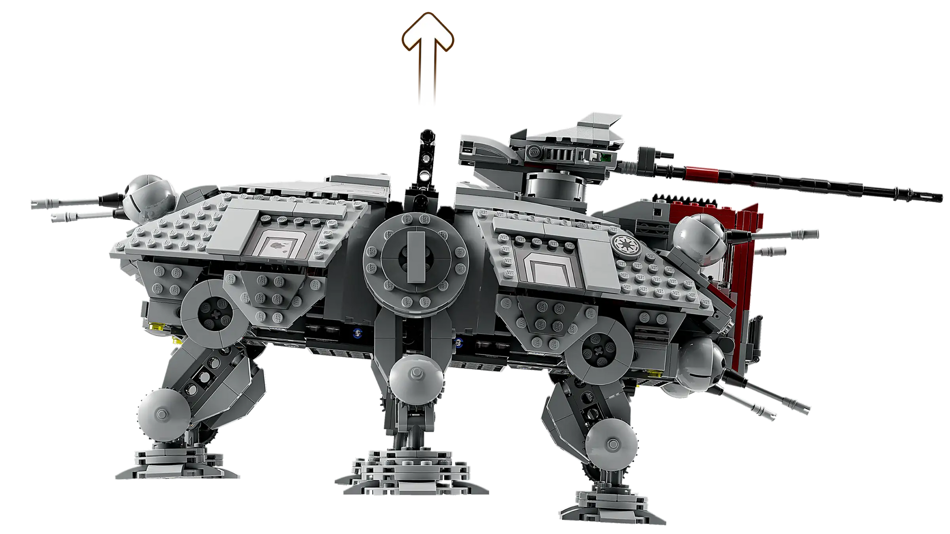The LEGO® Star Wars AT-TE Walker is a four-legged, gray armored model with cannons and an upward-pointing arrow above its center.