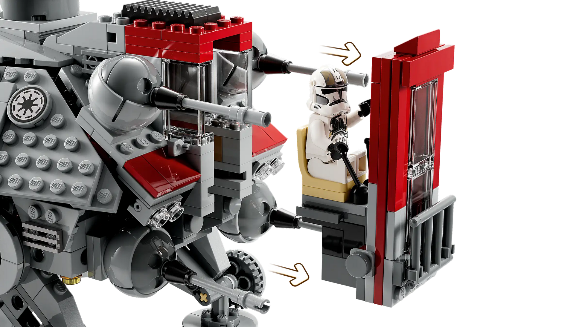 The LEGO® Star Wars AT-TE Walker includes a clone trooper minifigure in a removable cockpit, plus a mechanized walker with hinged joints and heavy cannons.