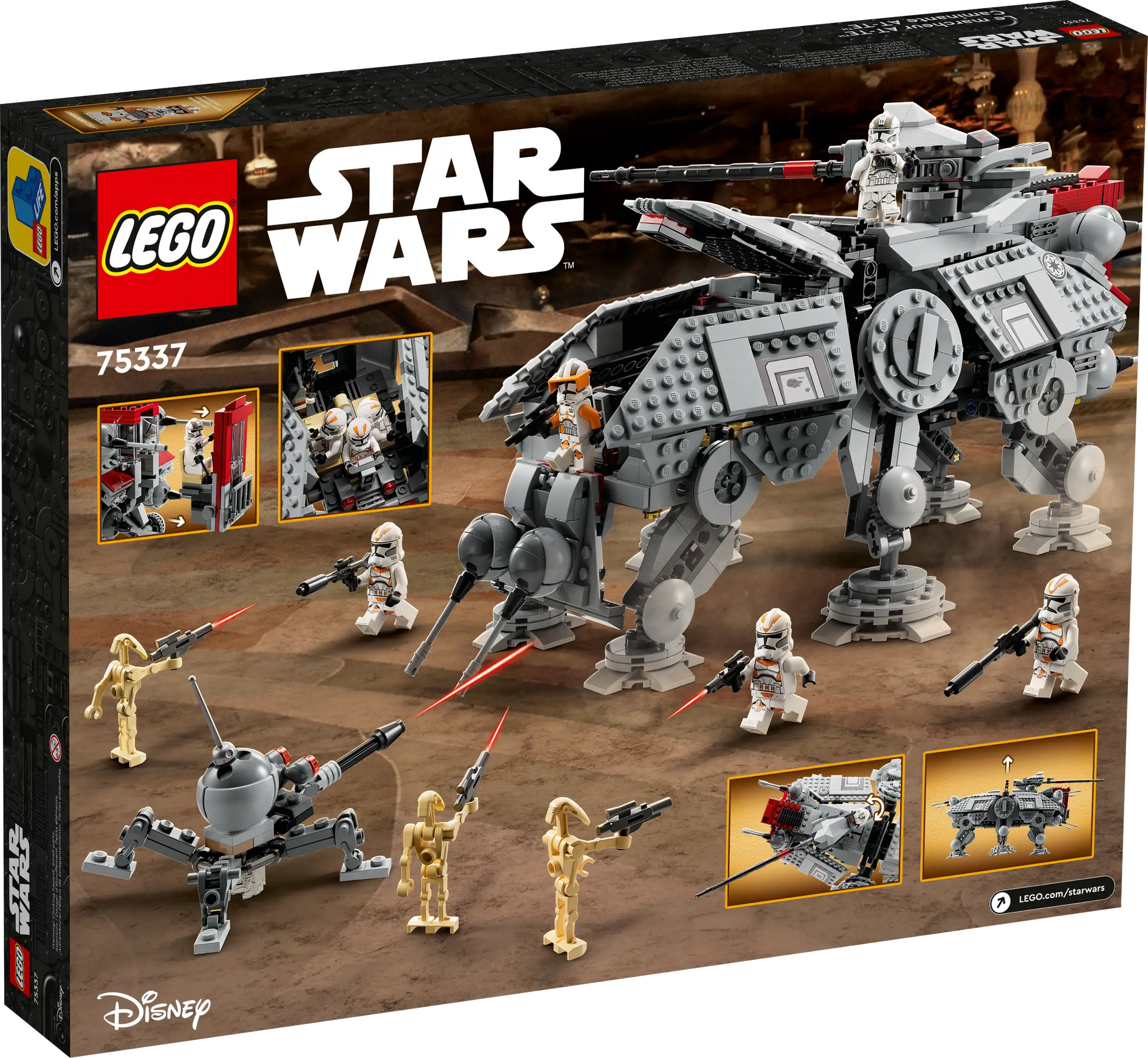 The LEGO® Star Wars AT-TE Walker box showcases the iconic vehicle, minifigures like Clone Trooper and droids, and inset images highlighting fun play features.