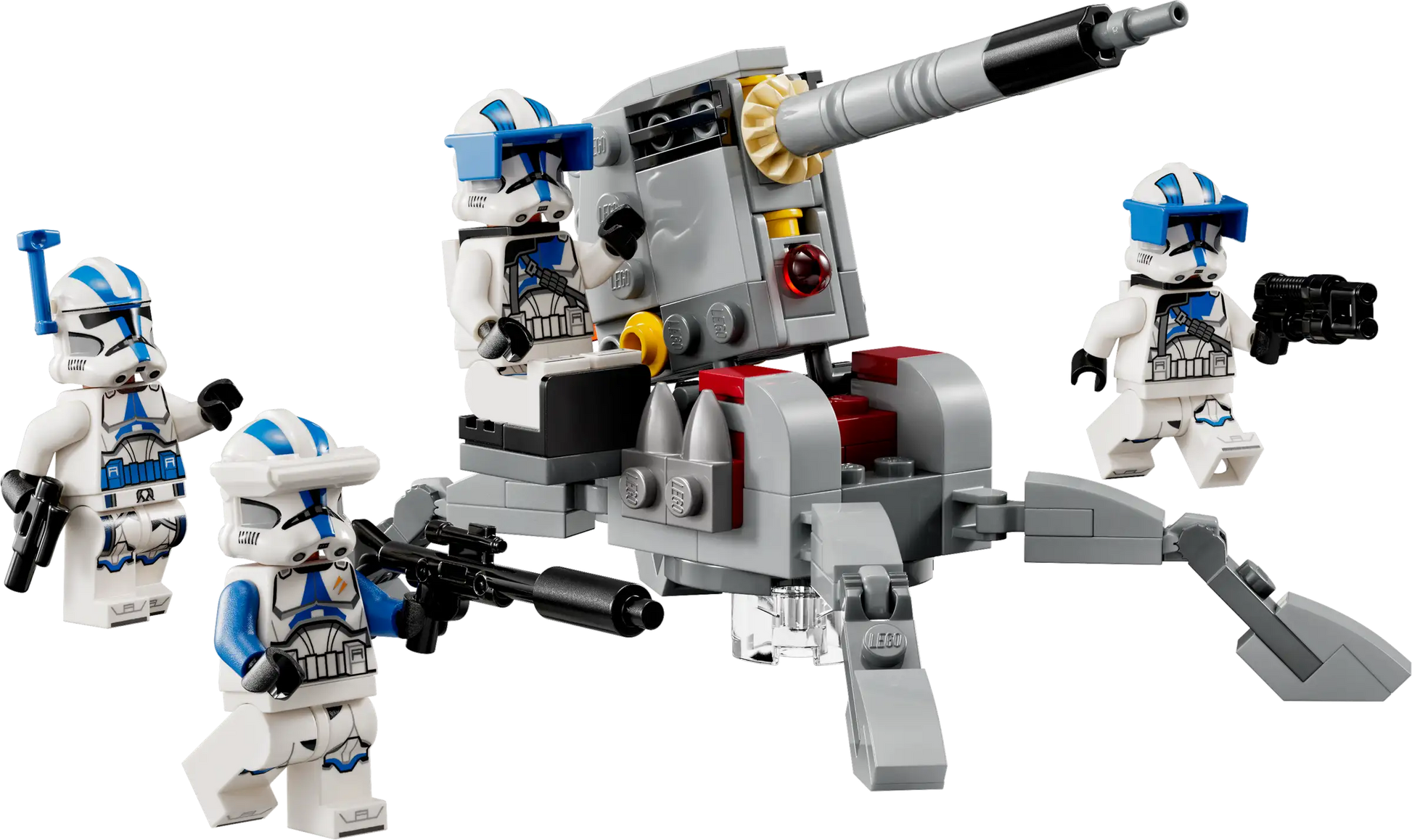 Four 501st Clone Troopers from the LEGO® Star Wars™ 501st Clone Troopers™ Battle Pack by Legos - Toyhouse, each with blue-marked armor and weapons, surround a gray AV-7 anti-vehicle cannon with legs.