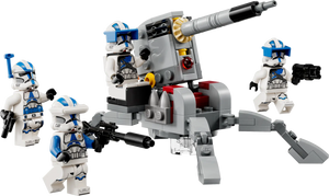 Four 501st Clone Troopers from the LEGO® Star Wars™ 501st Clone Troopers™ Battle Pack by Legos - Toyhouse, each with blue-marked armor and weapons, surround a gray AV-7 anti-vehicle cannon with legs.