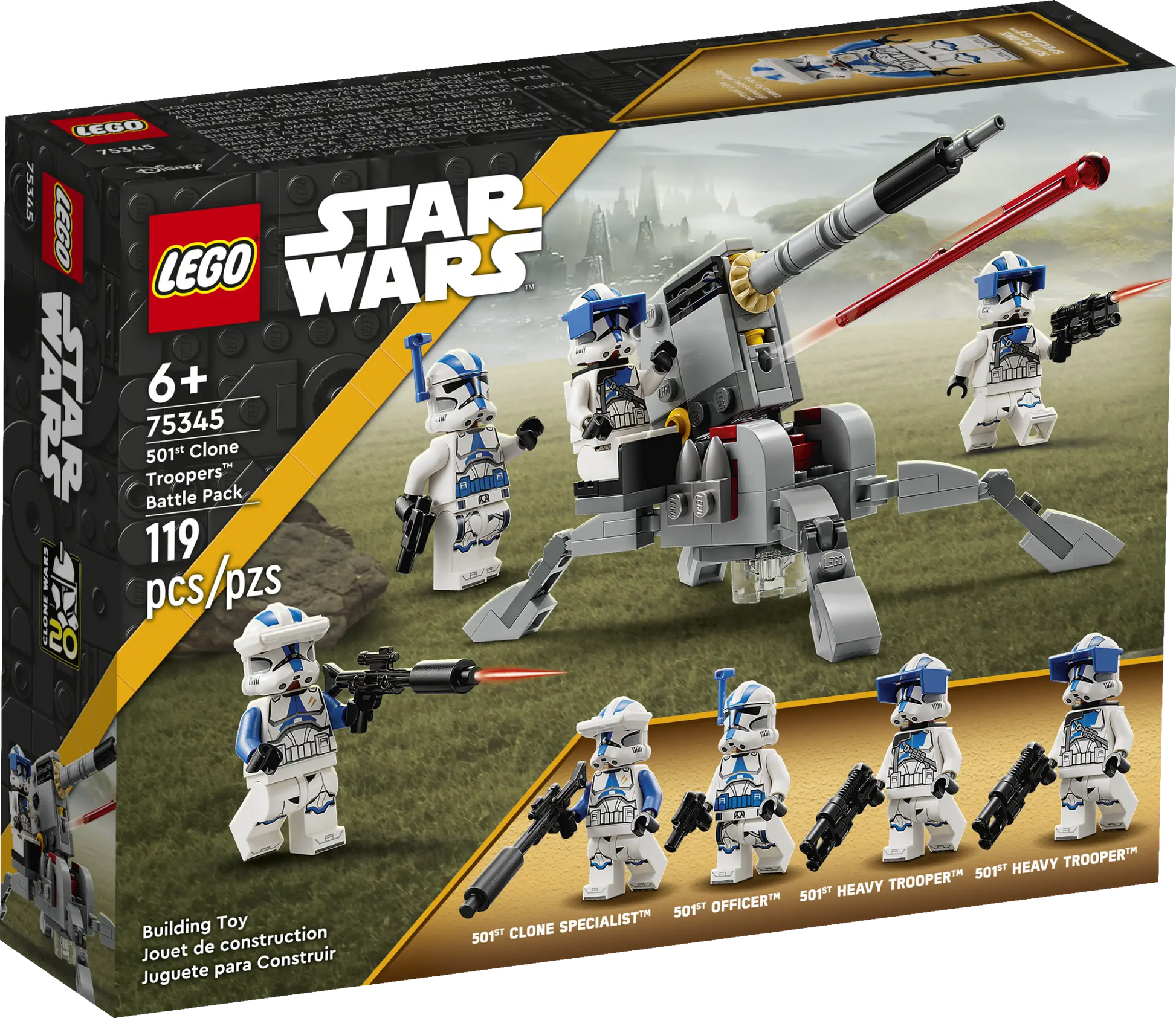 The LEGO® Star Wars™ 501st Clone Troopers™ Battle Pack by Legos - Toyhouse includes six minifigures, a buildable AV-7 anti-vehicle cannon, and 119 pieces for ages 6 and up.