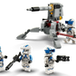 Four LEGO® Star Wars™ 501st Clone Troopers™ minifigures from the Legos - Toyhouse Battle Pack stand before an AV-7 anti-vehicle cannon, each armed with unique weapons and ready for action.