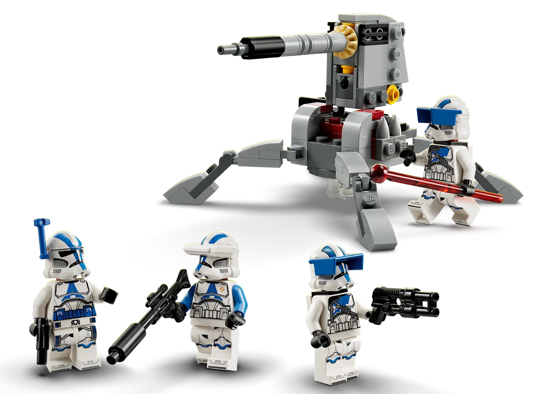 Four LEGO® Star Wars™ 501st Clone Troopers™ minifigures from the Legos - Toyhouse Battle Pack stand before an AV-7 anti-vehicle cannon, each armed with unique weapons and ready for action.