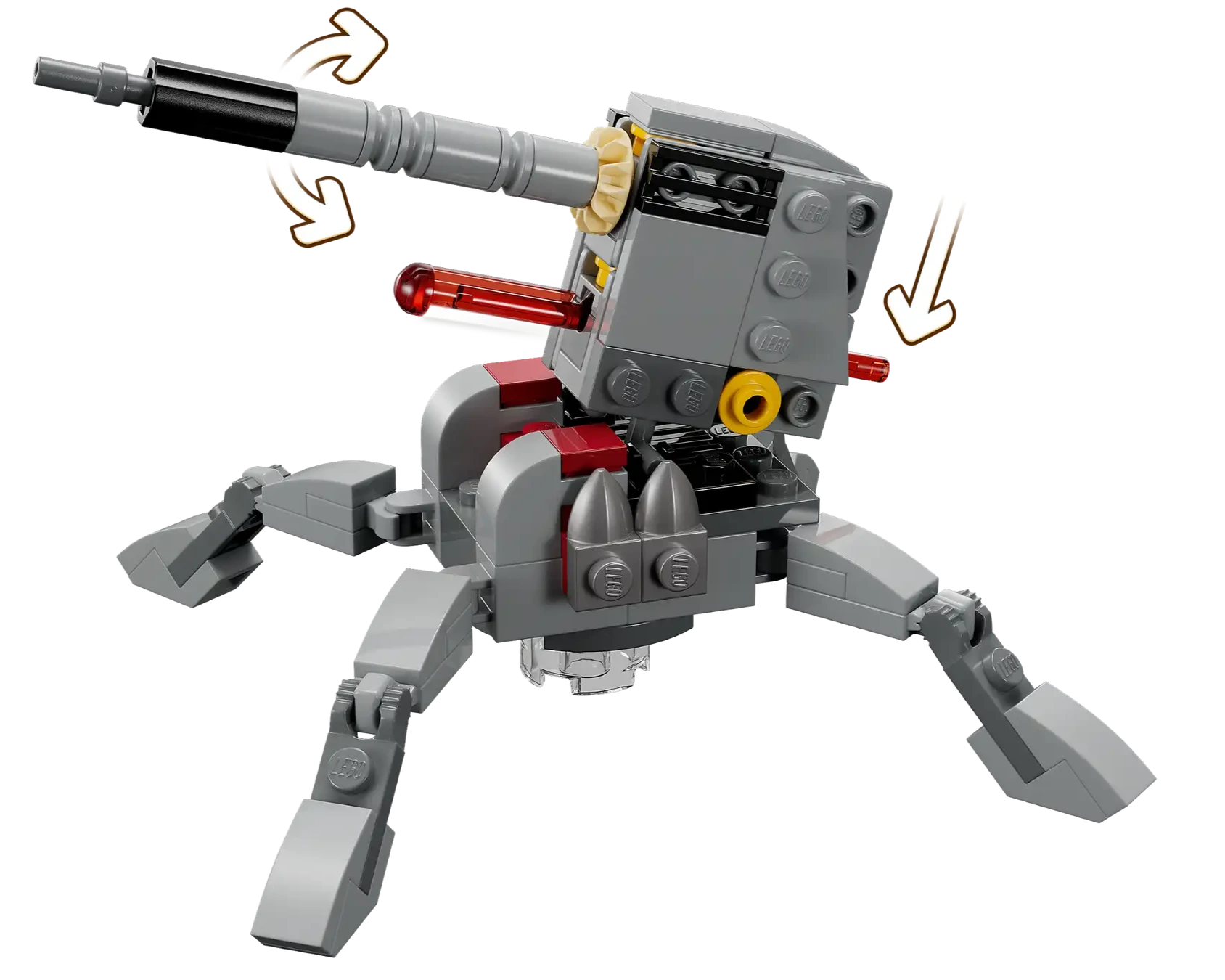 Add a gray and red robotic turret with four legs and a rotating cannon—modeled after the AV-7 anti-vehicle cannon—to your Legos - Toyhouse LEGO® Star Wars™ 501st Clone Troopers™ Battle Pack for epic battles!.