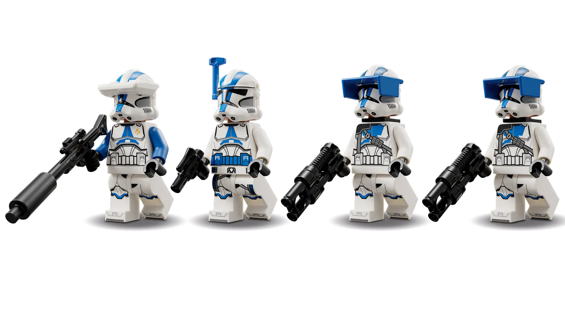 Four 501st Clone Troopers from the LEGO® Star Wars™ 501st Clone Troopers™ Battle Pack by Legos - Toyhouse stand in blue and white armor with blasters—ideal for fans creating their own battle scenes.