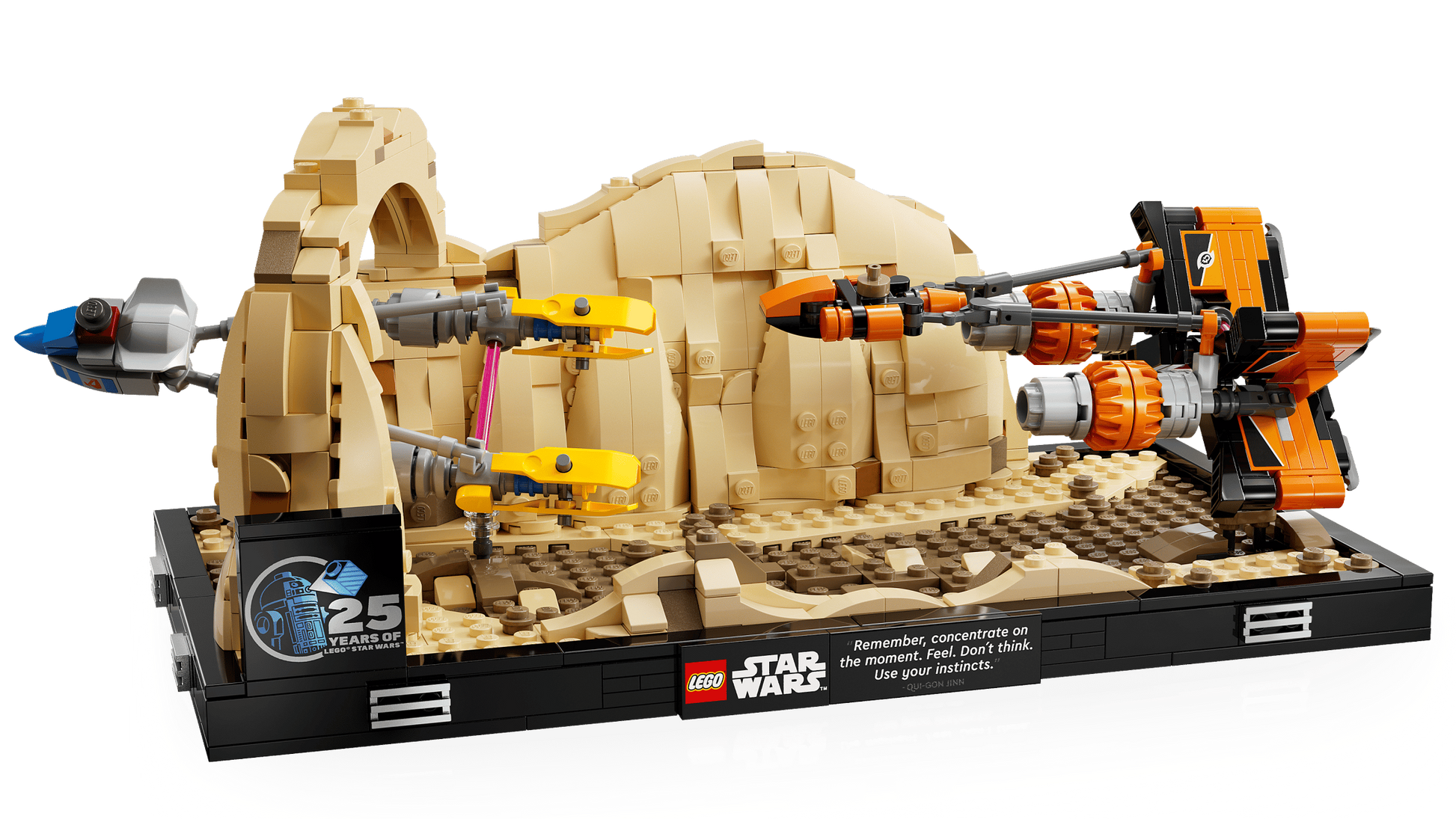 Celebrate LEGO® Star Wars™ 25th anniversary with the Mos Espa Podrace™ Diorama from Legos - Toyhouse, featuring Anakin’s podracer on sandy terrain and a special "25 Years" badge—perfect for fans and collectors.