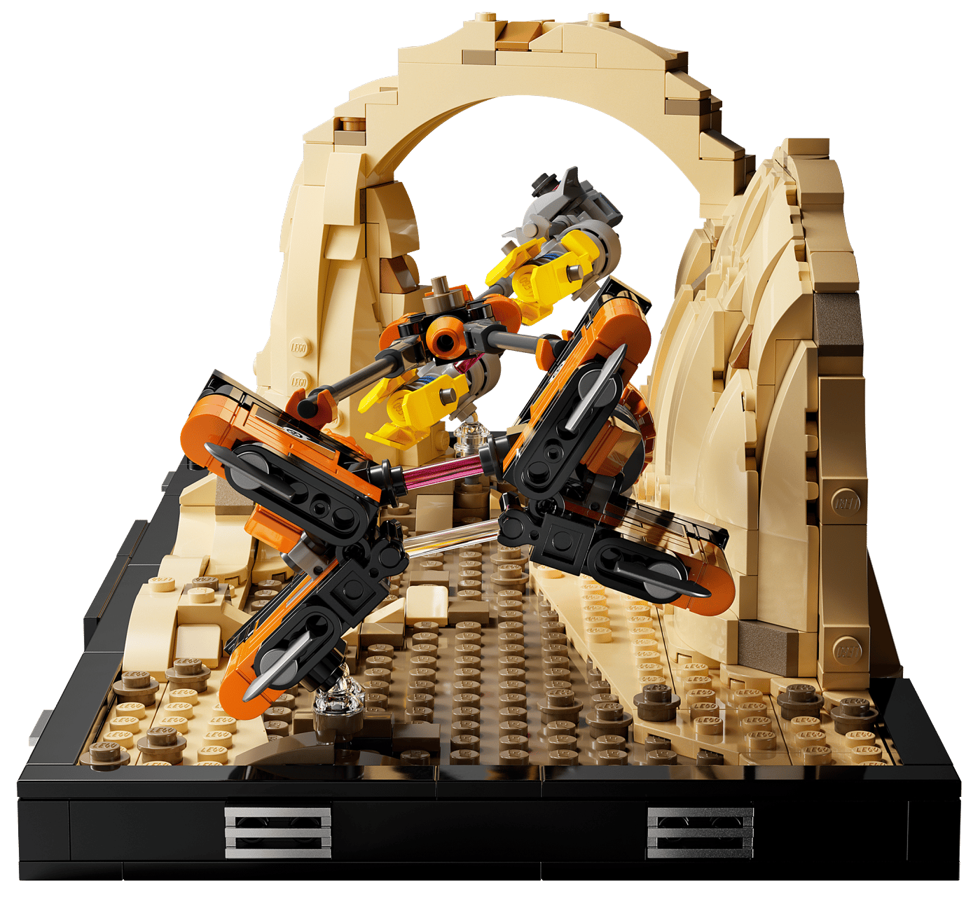 Celebrate LEGO Star Wars™ 25th anniversary with the LEGO® Star Wars™ Mos Espa Podrace™ Diorama by Legos - Toyhouse, featuring two podracers racing through a sandy, rock-arched scene.
