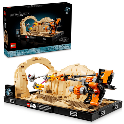 The LEGO® Star Wars™ Mos Espa Podrace™ Diorama by Legos - Toyhouse, shown built with Anakin’s podracer on Tatooine and the box behind, is a must-have Star Wars collectible model for fans.