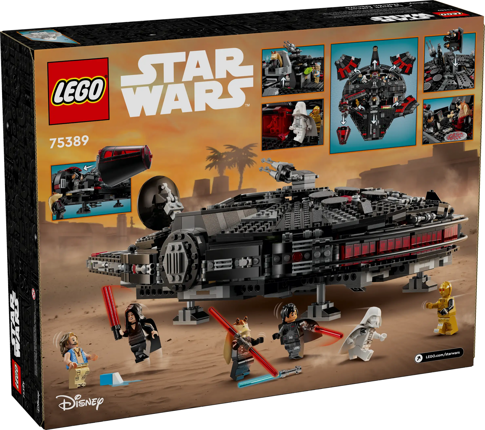 The LEGO® Star Wars™ The Dark Falcon set from Legos - Toyhouse features a buildable vehicle, minifigures with lightsabers, and action-packed Star Wars scenes against a sweeping desert backdrop.