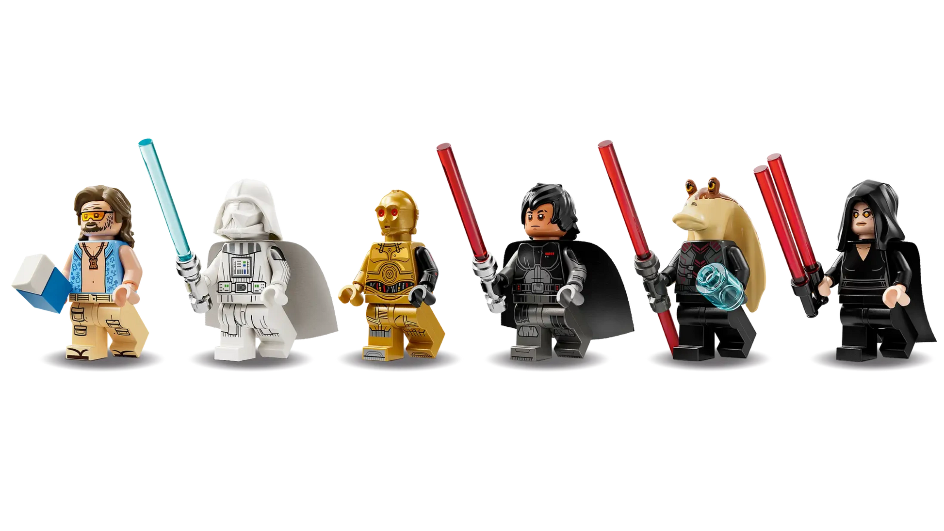 Six LEGO Star Wars minifigures line up, each with a colored lightsaber and detailed outfits, ready for action aboard the Legos - Toyhouse LEGO® Star Wars™ The Dark Falcon buildable set.