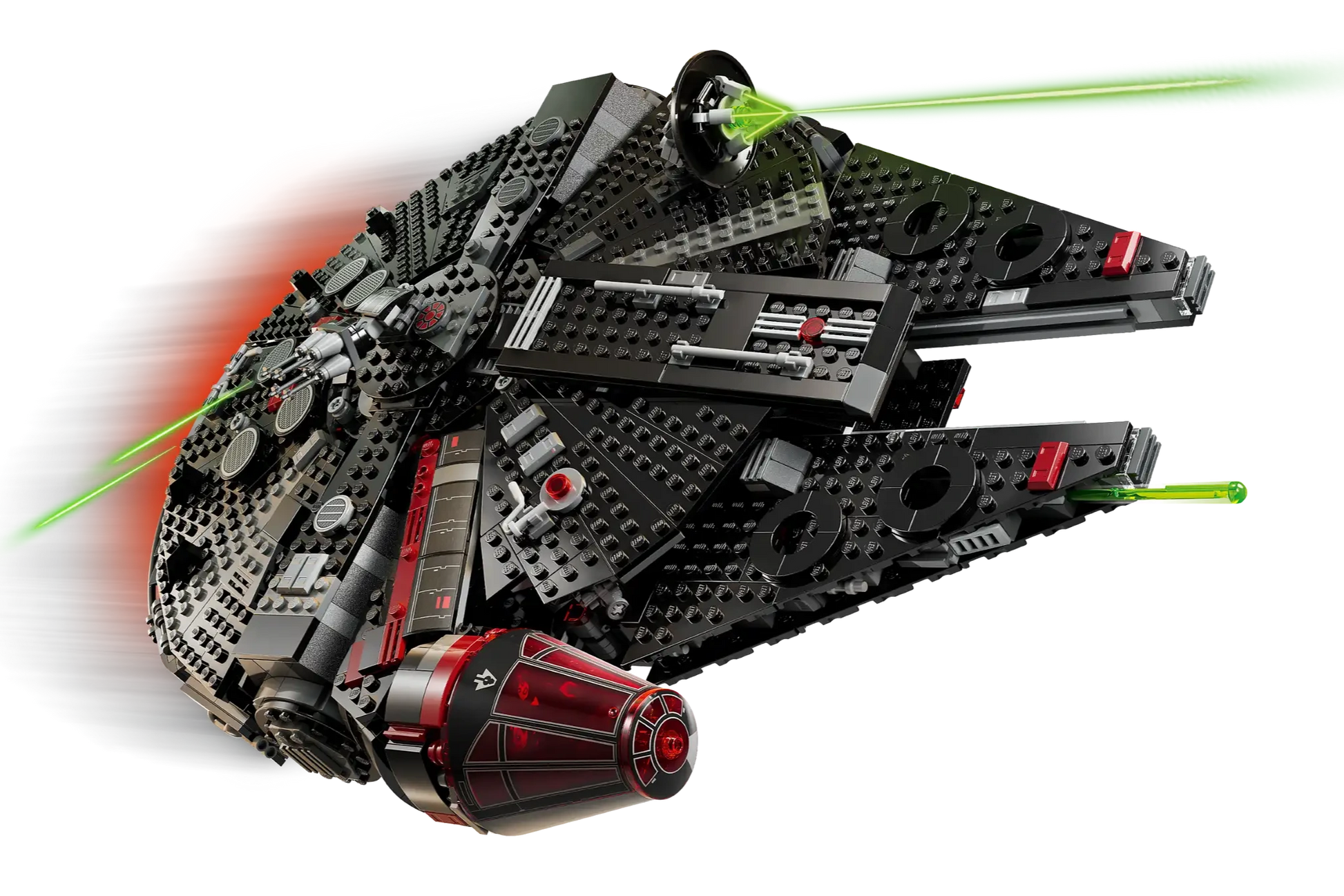 The LEGO® Star Wars™ The Dark Falcon by Legos - Toyhouse is depicted soaring through space, firing green lasers, with motion blur emphasizing the speed of this buildable toy vehicle set.