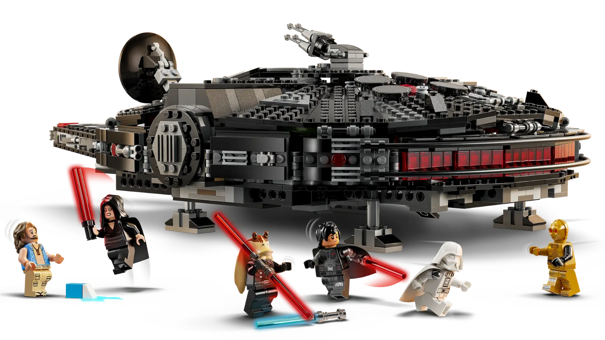 LEGO® Star Wars™ The Dark Falcon set by Legos - Toyhouse includes five minifigures with lightsabers or accessories, displayed in action before the assembled ship—an ideal gift for fans of this iconic adventure.
