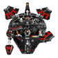 Top view of LEGO® Star Wars™ The Dark Falcon by Legos - Toyhouse, showing open panels with minifigures, interior compartments, and white arrows pointing out the set’s movable parts.