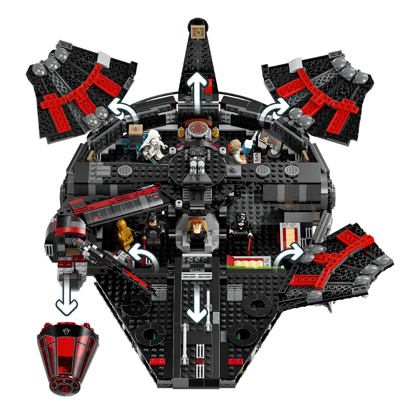 Top view of LEGO® Star Wars™ The Dark Falcon by Legos - Toyhouse, showing open panels with minifigures, interior compartments, and white arrows pointing out the set’s movable parts.