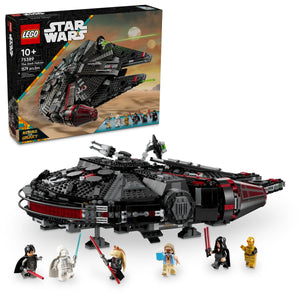 LEGO® Star Wars™ The Dark Falcon by Legos - Toyhouse includes an assembled buildable vehicle, six minifigures, and comes with the product box in the background.