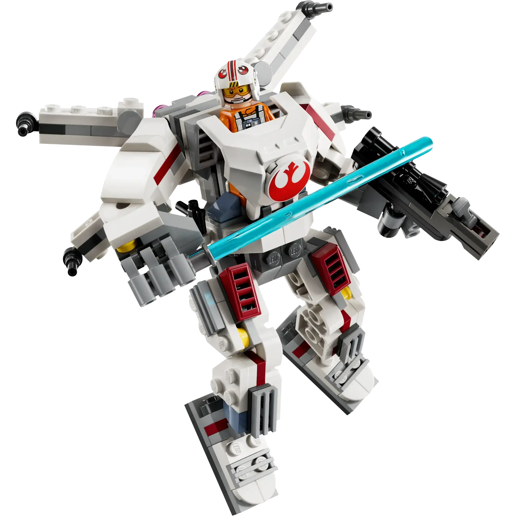 The LEGO® Star Wars™ Luke Skywalker™ X-Wing™ Mech by Legos - Toyhouse includes a Luke minifigure with blue lightsaber and blaster, featuring white/red colors and Rebel Alliance emblem on the chest.