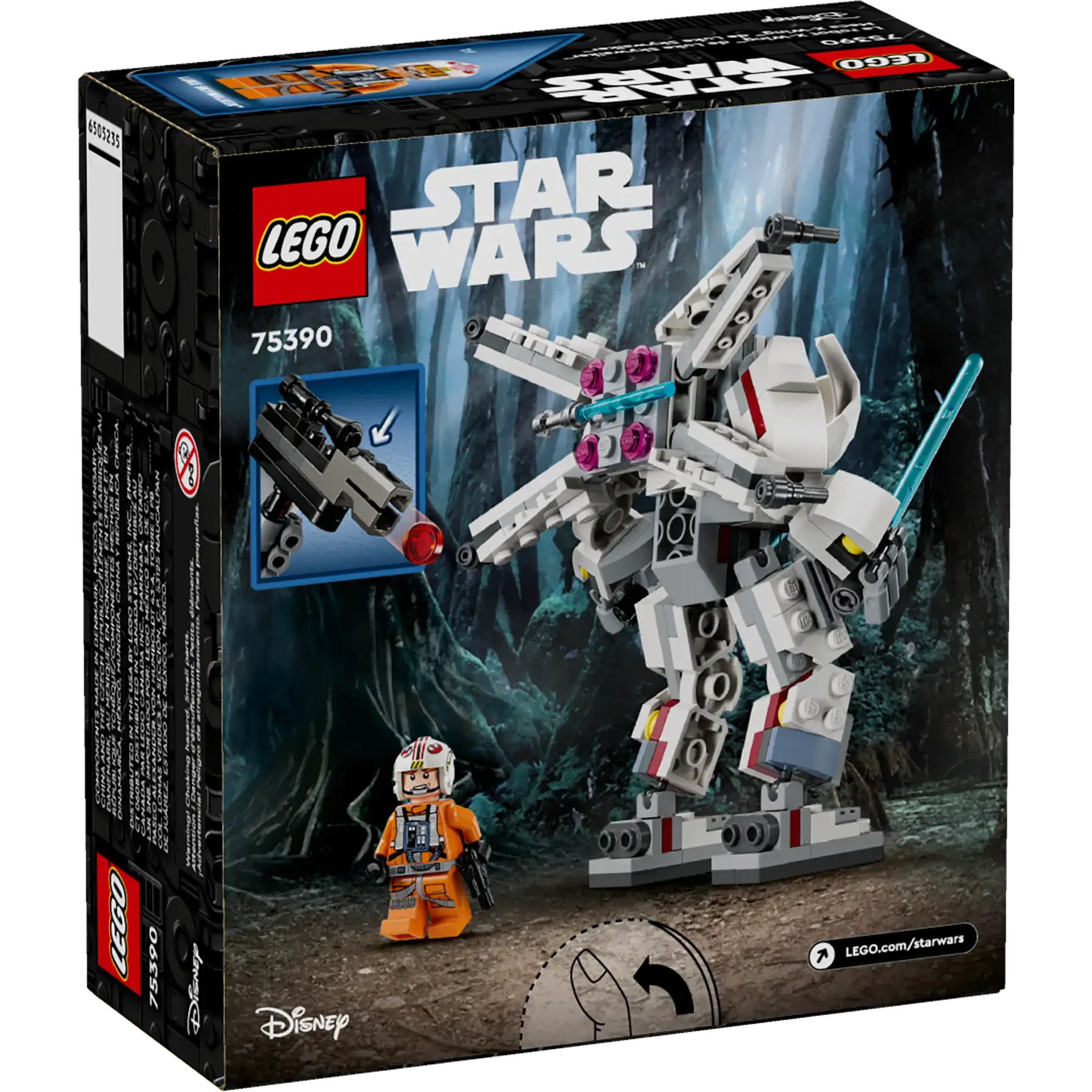 The LEGO® Star Wars™ Luke Skywalker™ X-Wing™ Mech by Legos - Toyhouse features a white and gray mech with a blue lightsaber, an orange pilot minifigure, and a forest backdrop, inspired by Luke Skywalker.