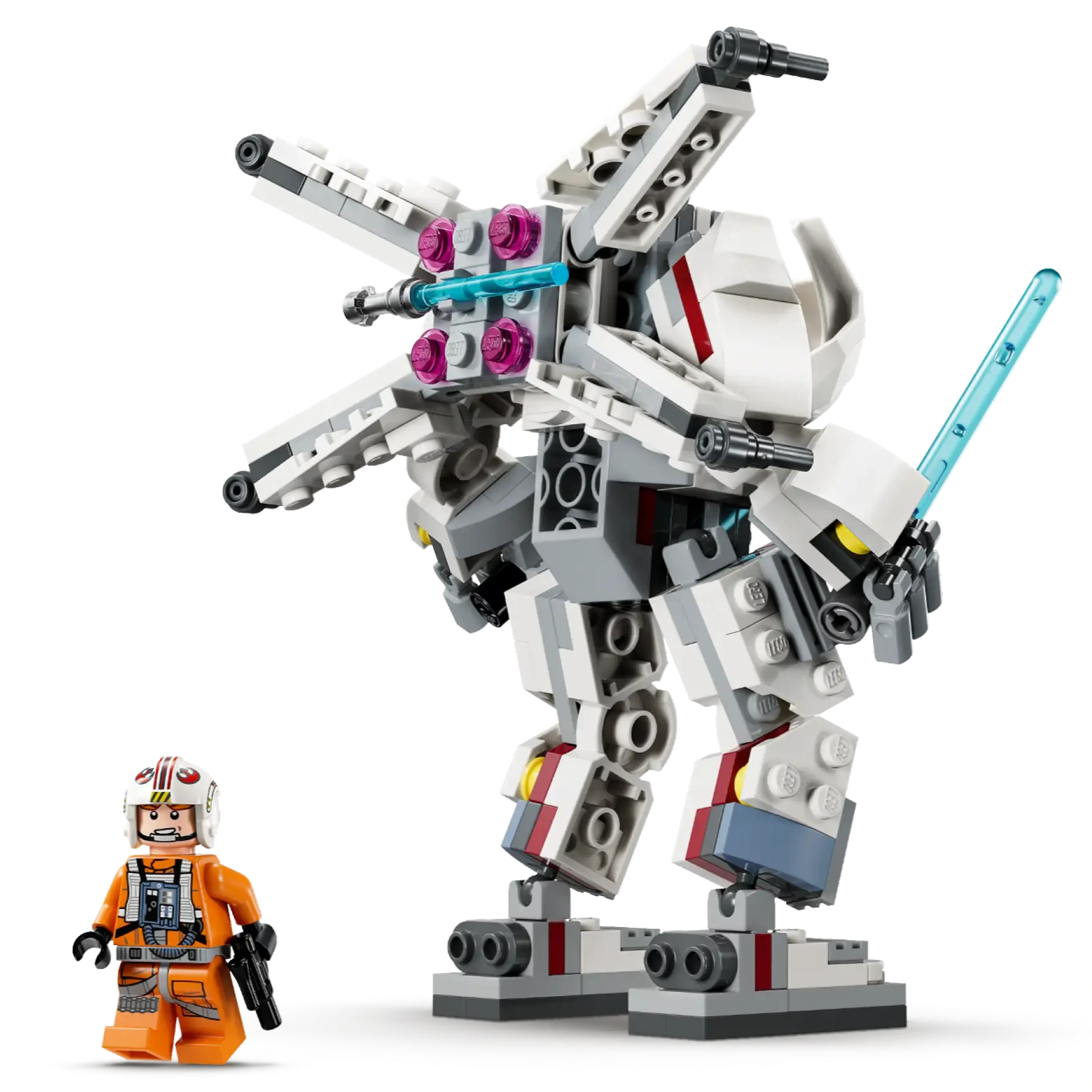 A LEGO® Star Wars™ Luke Skywalker™ X-Wing™ Mech by Legos - Toyhouse features a mech with a blue sword beside a Luke Skywalker minifigure in an orange pilot suit holding a blaster.
